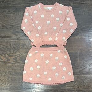 Primark Pink Floral Knit Sweater and Skirt Set with White Daisy Pattern